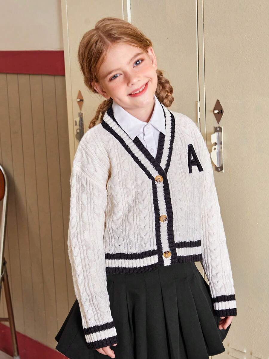 SHEIN 女大童字母貼布條紋飾邊麻花編織落肩袖開襟衫 - 白色 - 查看 1