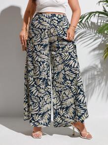 SHEIN Frenchy Plus Tropical Print Wide Leg Trousers - Multicolor - View 1