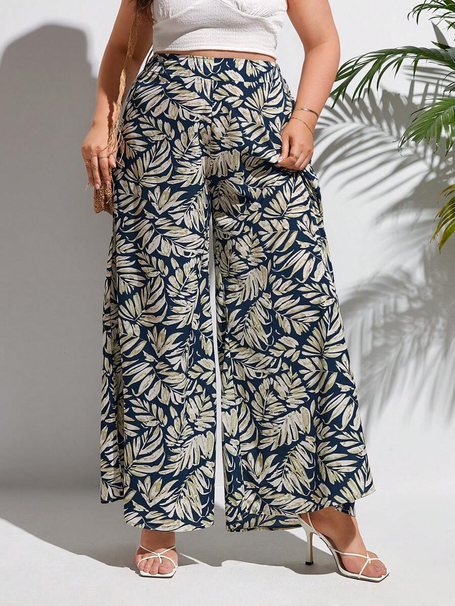 SHEIN Frenchy Plus Tropical Print Wide Leg Trousers - Multicolor - View 1