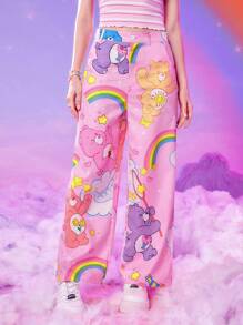 ROMWE X Care Bears Cartoon Graphic Wide Leg Trousers - Pink - View 1
