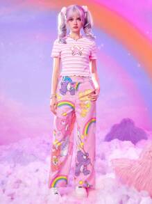 ROMWE X Care Bears Cartoon Graphic Wide Leg Trousers - Pink - View 4