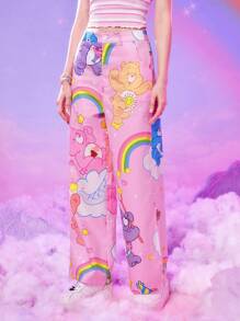 ROMWE X Care Bears Cartoon Graphic Wide Leg Trousers - Pink - View 5