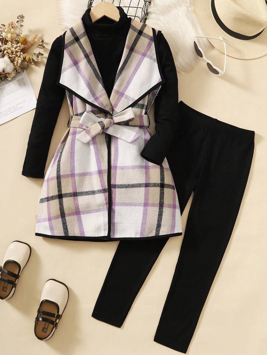 Sparklyn 女大童格紋印花外套馬甲&T恤和緊身褲 - 彩色 - 查看 1