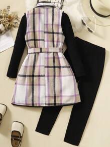 Sparklyn 女大童格紋印花外套馬甲&T恤和緊身褲 - 彩色 - 查看 2