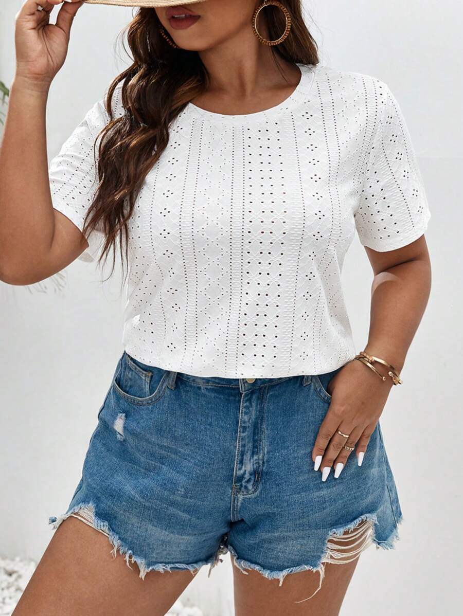SHEIN Frenchy Plus Solid Eyelet Embroidery Tee - White - View 1