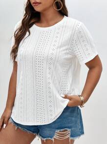 SHEIN Frenchy Plus Solid Eyelet Embroidery Tee - White - View 3