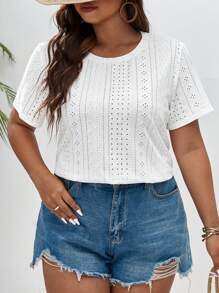 SHEIN Frenchy Plus Solid Eyelet Embroidery Tee - White - View 5