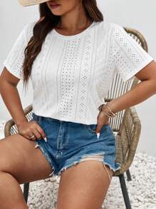 SHEIN Frenchy Plus Solid Eyelet Embroidery Tee - White - View 7