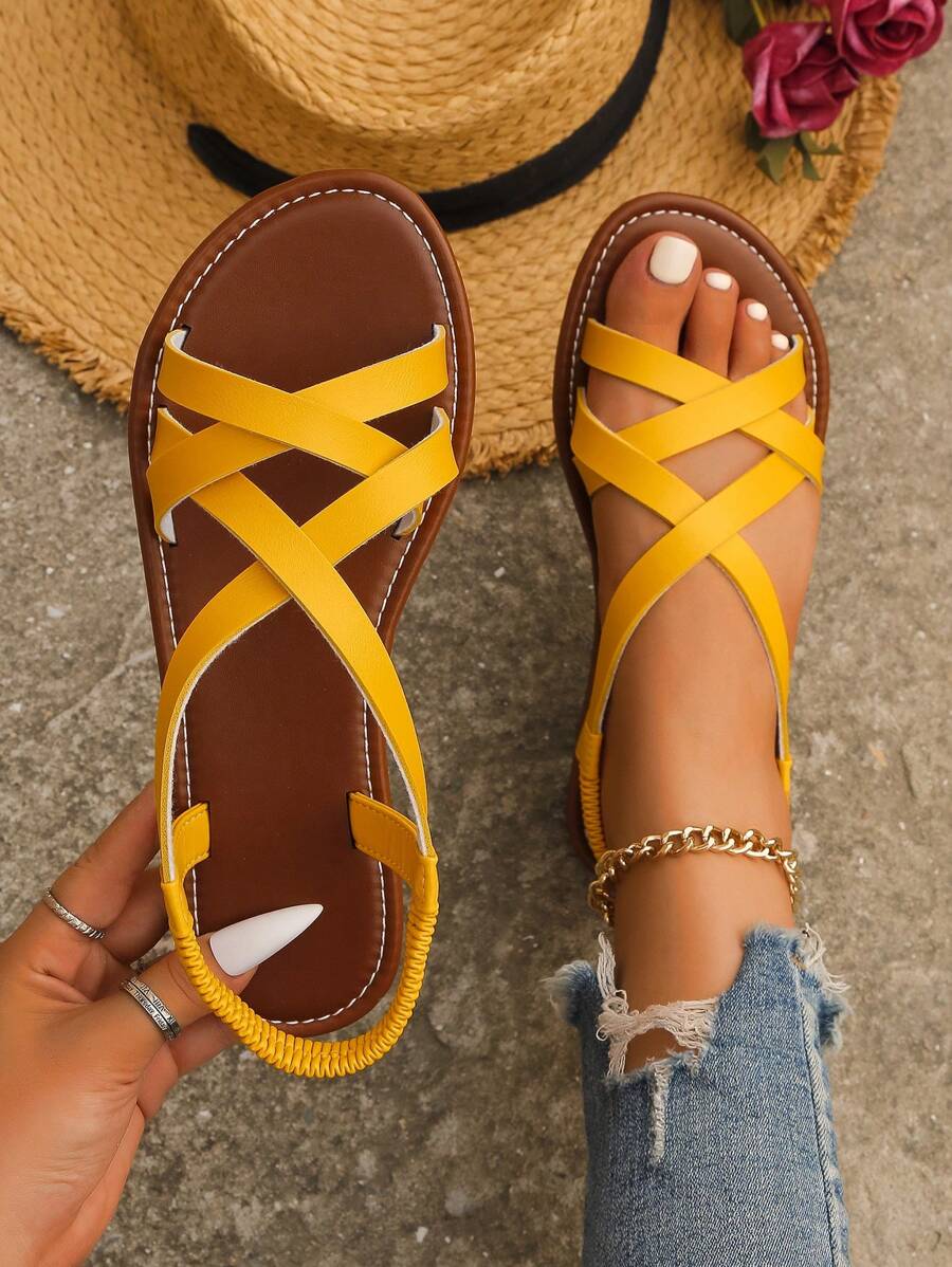 女士交叉露跟涼鞋,前衛黃色平底涼鞋 - 黃色 - 查看 1