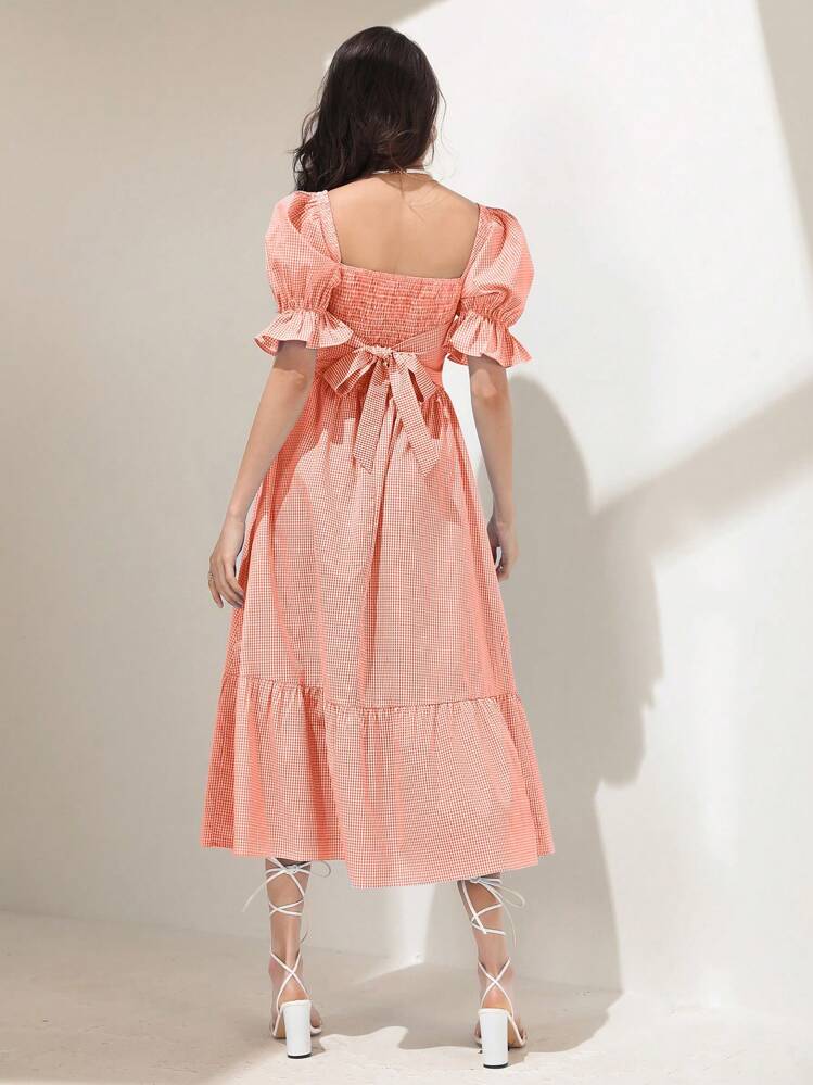 SHEIN Frenchy Bản in Gingham Ống tay áo Xù Hoa Sen Đầm - trái cam - Xem 2