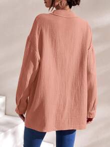 SHEIN Frenchy Áo sơ mi nữ Nút phía trước màu trơn Giải trí - Màu Hồng  San hô - Xem 3