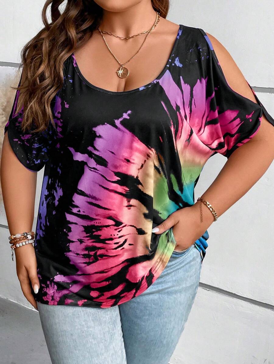 LONESS Plus Tie Dye Cold Shoulder Tee Graphic Tees Women Tops