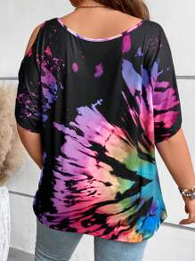 LONESS Plus Tie Dye Cold Shoulder Tee Graphic Tees Women Tops