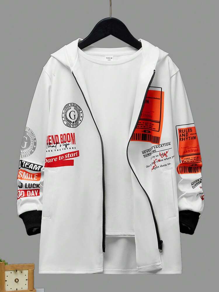 Tween Boy Slogan Graphic Zip Up Hooded Coat Without Tee