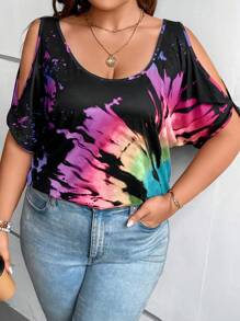 LONESS Plus Tie Dye Cold Shoulder Tee Graphic Tees Women Tops