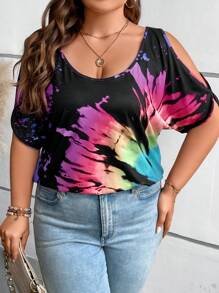 LONESS Plus Tie Dye Cold Shoulder Tee Graphic Tees Women Tops