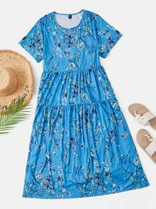 EMERY ROSE Hơn In hoa Xù Hoa Sen Váy Smock - Màu xanh lam - Xem 1