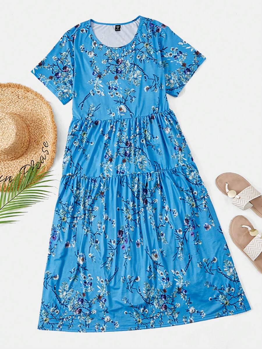 EMERY ROSE Hơn In hoa Xù Hoa Sen Váy Smock - Màu xanh lam - Xem 1