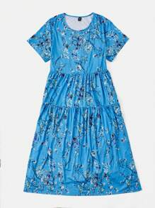 EMERY ROSE Hơn In hoa Xù Hoa Sen Váy Smock - Màu xanh lam - Xem 3