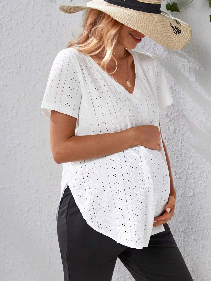 SHEIN Maternidad Camiseta con bordado con ojal bajo curvo - Blanco - Ver 1