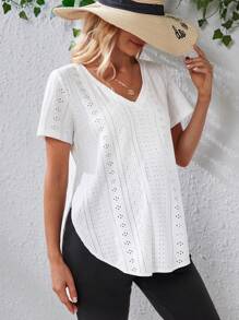 SHEIN Maternidad Camiseta con bordado con ojal bajo curvo - Blanco - Ver 3