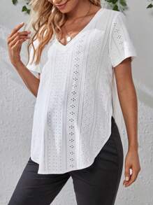 SHEIN Maternidad Camiseta con bordado con ojal bajo curvo - Blanco - Ver 4