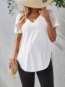 SHEIN Maternidad Camiseta con bordado con ojal bajo curvo - Blanco - Ver 9