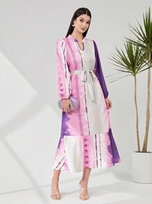 Seusyu 紮染缺口領荷葉邊繫腰帶連衣裙 - 彩色 - 查看 1