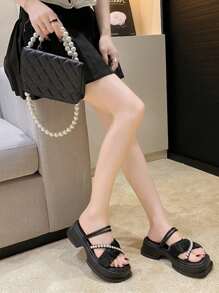Phụ nữ Faux Pearl Decor Vải xếp chi tiết Xăng đan, Dép nêm mùa hè thời trang - màu đen - Xem 1