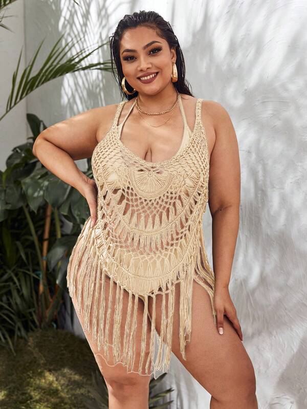 SHEIN Swim Curve 大碼勾織流蘇下擺罩衫