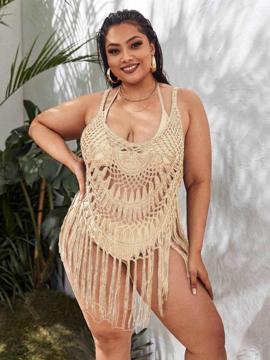 SHEIN Swim Curve 大碼勾織流蘇下擺罩衫 - 杏色 - 查看 1