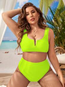 Swim Lushoire 夏季海灘大碼霓虹青檸V字釦比基尼套裝 - 青檸色 - 查看 1