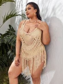 SHEIN Swim Curve 大碼勾織流蘇下擺罩衫 - 杏色 - 查看 3