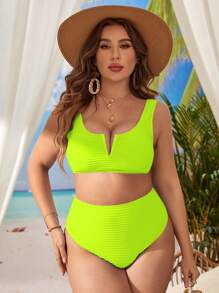 Swim Lushoire 夏季海灘大碼霓虹青檸V字釦比基尼套裝 - 青檸色 - 查看 3