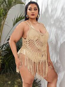 SHEIN Swim Curve 大碼勾織流蘇下擺罩衫 - 杏色 - 查看 4