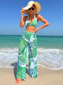 Swim Vcay Tropical Print Halter Bikini Swimsuit With Cover Up Trousers - Green - View 4
