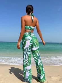 Swim Vcay Tropical Print Halter Bikini Swimsuit With Cover Up Trousers - Green - View 2