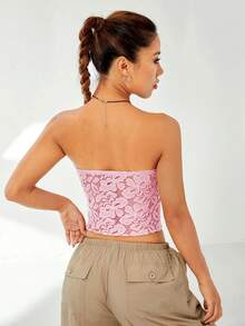 SHEIN EZwear 前繫帶蕾絲抹胸上衣 - 粉色 - 查看 3