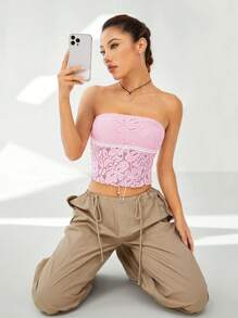SHEIN EZwear 前繫帶蕾絲抹胸上衣 - 粉色 - 查看 1