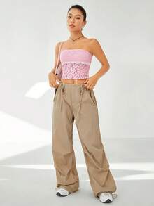 SHEIN EZwear 前繫帶蕾絲抹胸上衣 - 粉色 - 查看 6