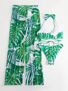 Swim Vcay Tropical Print Halter Bikini Swimsuit With Cover Up Trousers - Green - View 7