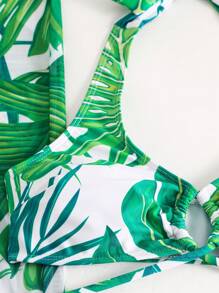 Swim Vcay Tropical Print Halter Bikini Swimsuit With Cover Up Trousers - Green - View 8