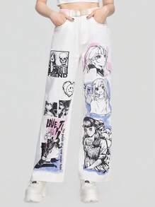ROMWE Avant 人像圖案闊腿牛仔褲 - 白色 - 查看 5