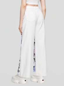 ROMWE Avant 人像圖案闊腿牛仔褲 - 白色 - 查看 4