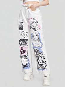 ROMWE Avant 人像圖案闊腿牛仔褲 - 白色 - 查看 1