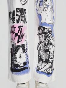 ROMWE Avant 人像圖案闊腿牛仔褲 - 白色 - 查看 6