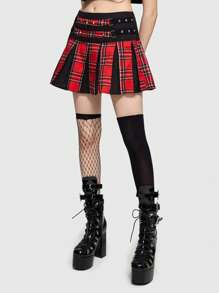 ROMWE Grunge Punk 朋克風格紅色格紋拼接金屬裝飾情人節迷你裙 - 紅色 - 查看 1