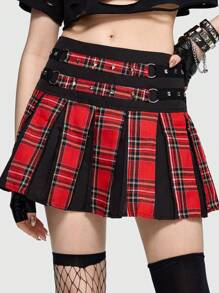 ROMWE Grunge Punk 朋克風格紅色格紋拼接金屬裝飾情人節迷你裙 - 紅色 - 查看 2
