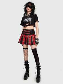 ROMWE Grunge Punk 朋克風格紅色格紋拼接金屬裝飾情人節迷你裙 - 紅色 - 查看 3