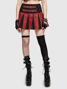 ROMWE Grunge Punk 朋克風格紅色格紋拼接金屬裝飾情人節迷你裙 - 紅色 - 查看 4